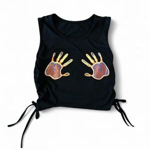 SHEIN Black Crop Top with Colorful Handprint Design